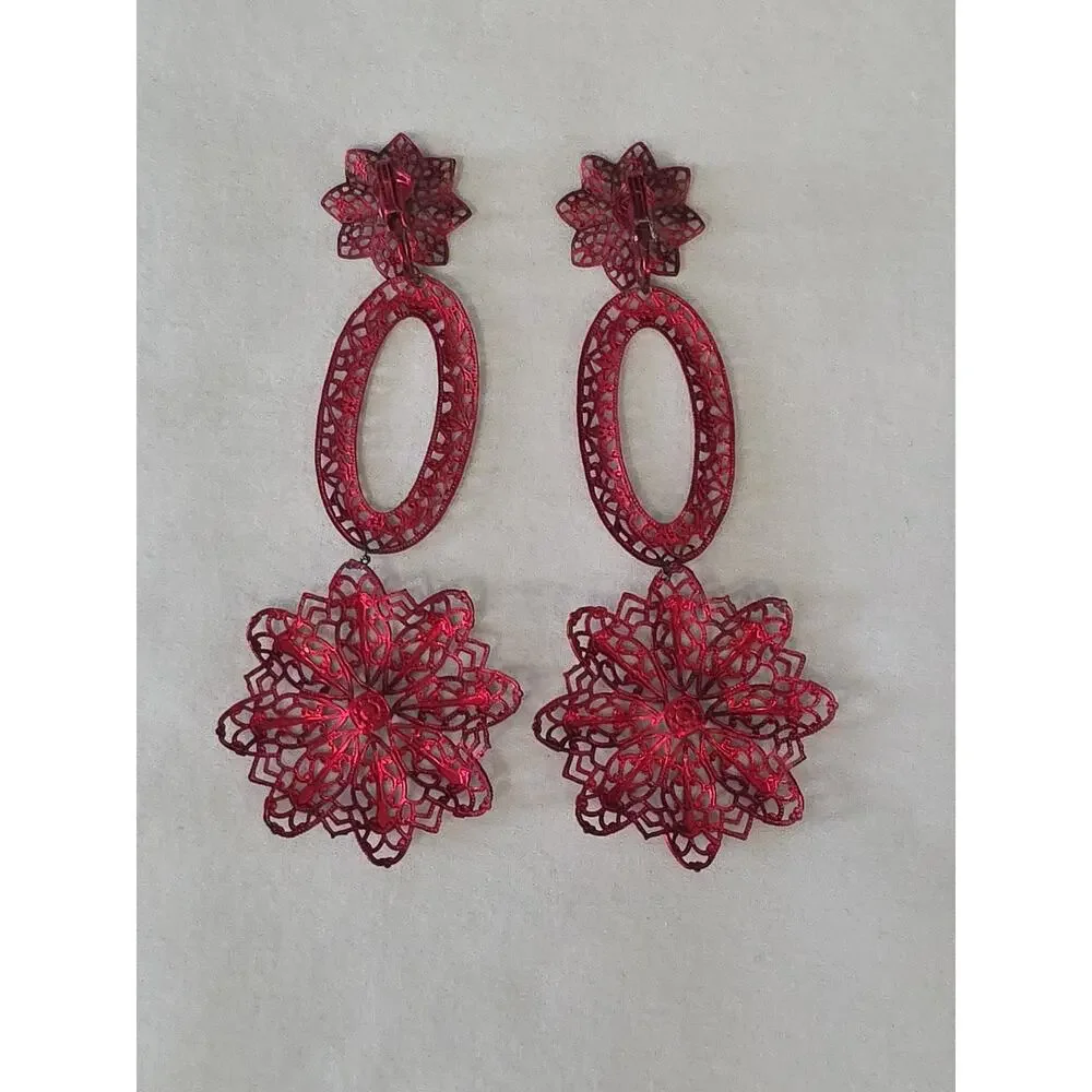 Vintage Long Dangle Statement Earrings Red Lace Like Filigree ClipOn Delicate 4